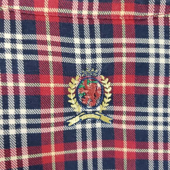VINTAGE Tommy Hilfiger SIZE L Button Down Shirt Mens Red Plaid Crest Preppy - Picture 2 of 7